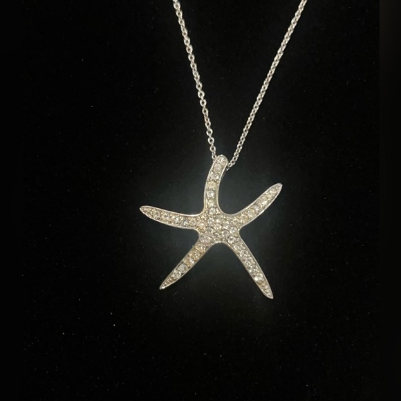 Silver Starfish Crystal Rhinestone Necklace 16” plus Extender - Picture 2 of 8